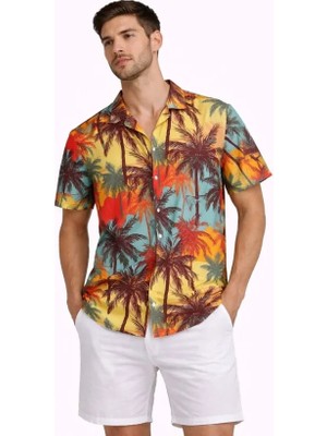 Stores36 Erkek Tropikal Palmiye Desenli Kısa Kol Gömlek Yazlık Rahat Kalıp Dijital Baskılı - Desenli