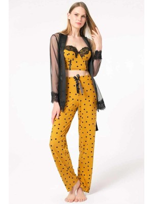 Çamaşır Kenti  Tül Dantelli Sabahlık Balenli Destekli Dolgulu Puantiyeli Büstiyer Sütyen ve Pantolon Pijama 3'lü Takım