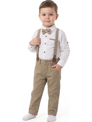 by BebekOdam Erkek Çocuk Beyaz Kahve Kare Desenli Gömlekli Papyonlu Askılı 4'lü Takım - 1016775
