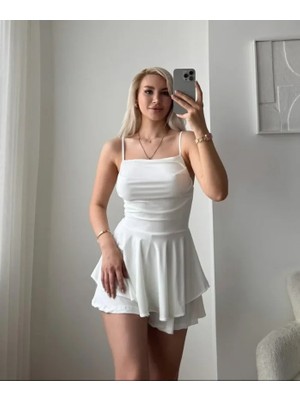 Defy Moda Straplez Mini Etek Görünümlü Şortlu Elbise Büzgülü Şık Yazlık - Beyaz