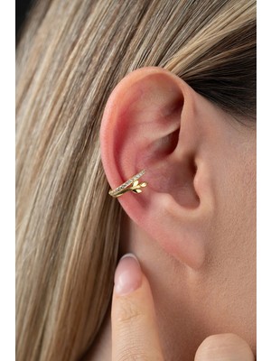 Nereze 925 Ayar Gümüş Gold Kaplama Zirkon Taşlı Dal Detaylı Kıkırdak Küpe