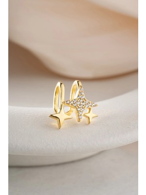 Nereze 925 Ayar Gümüş Gold Kaplama 3 Yıldızlı Kıkırdak Küpe