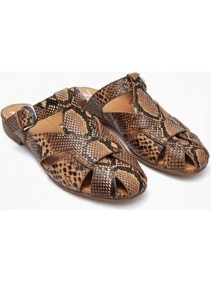 Ne&Ve Shoes Kahve Yılan Deri Tokalı Kadın Kare Burun Sabo Terlik