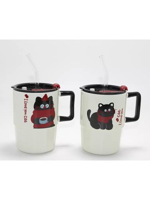 Marsilyan Sevimli Şaşkın Kedi Figürlü Pipetli Kapaklı Porselen Kupa Bardak