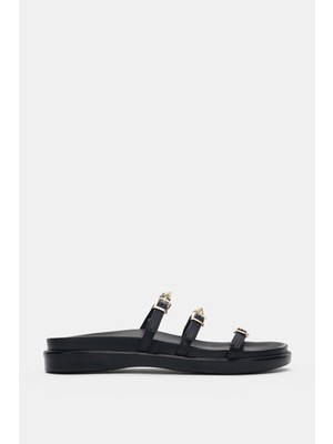 Selin Shoes Elvarra Ayarlanabilir 3 Gold Toka ve Aksesuar Detaylı Kadın Terlik- Siyah