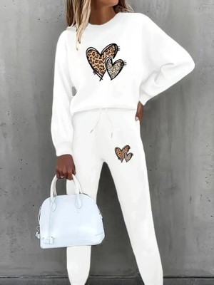 Stores36 Kadın Uzun Kollu Bisiklet Yaka Kalp Desenli Şardonlu Üç Iplik Bluz ve Pantolon Ikili Takım