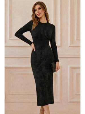 Stores36 Kadın Uzun Kollu Bisiklet Yaka Taşlı Midi Kadife Elbise