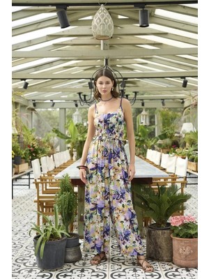 Çamaşır Kenti Çiçek ve Yaprak Desenli Ip Askılı Tulum