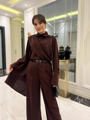 Stores36 Kadın Uzun Kollu Şal Detaylı Bluz ve Pantolon Ikili Takım (Kemer Dahil Değil)
