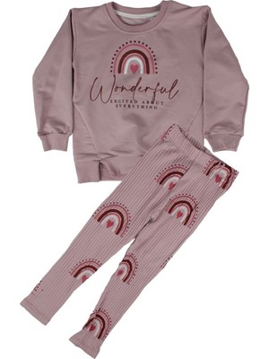 by BebekOdam Kız Çocuk Gülkurusu Wonderful Yazılı Gökkuşağı Fitilli Taytlı 2'li Takım - 1016400