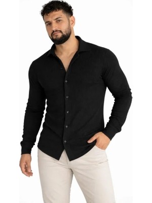 Stores36 Erkek Waffle Kumaş Uzun Kollu Düğmeli Açık Yaka Regular Fit Gömlek - Siyah