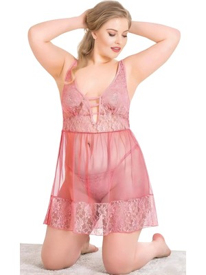 Çamaşır Kenti Büyük Beden Mercan Tül Mini Gecelik Zarif Kadın Gece Elbisesi
