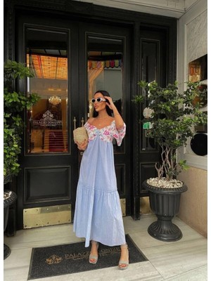 Stores36 Renkli Nakış Desenli Elbise - Mavi