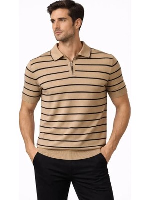 Stores36 Erkek Triko Polo Yaka Fermuarlı Çizgili Tişört T-Shirt Yazlık Şık - Kahverengi