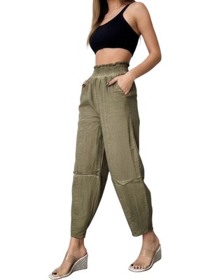 Nana & Mayka Moda Kadın Haki Salaş Şalvar Pantolon Yıkamalı Eskitmeli Gabardin Kalın Lastikli Bel Rahat Günlük Bohem Pantolon S M L