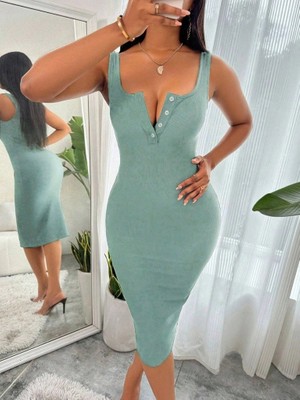 Stores36 Kadın Askılı Önü Düğmeli Midi Kaşkorse Elbise