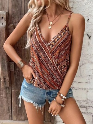 Stores36 Kadın Ip Askılı V Yakalı Desenli Süprem Bluz