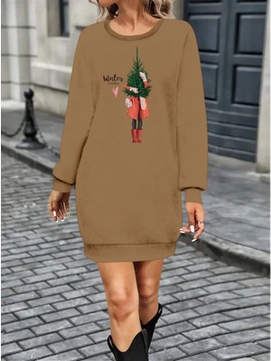 Stores36 Kadın Uzun Kollu Bisiklet Yaka Desenli Kısa Viskon Iki Iplik Elbise