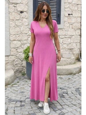Stores36 Kadın Kısa Kollu V Yakalı Maksi Boy Viskon Elbise