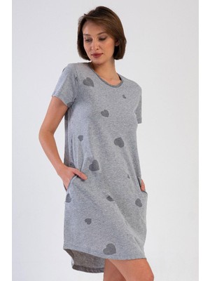 Vienetta Kadın Büyük Beden Kısa Kol Cepli Gri Melanj Gecelik C2T6N1904