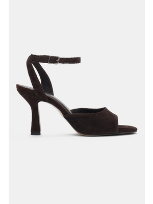 Selin Shoes Lumora Hakiki Deri Bilek Kemer Ayarlanabilir Toka Detaylı Kadın Topuklu Ayakkabı- Kahve Süet