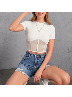 Stores36 Kadın Transparan Detay Kısa Kol Kaşkorse Bluz
