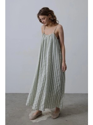 Stores36 Askılı Çizgi Desen Elbise - Haki