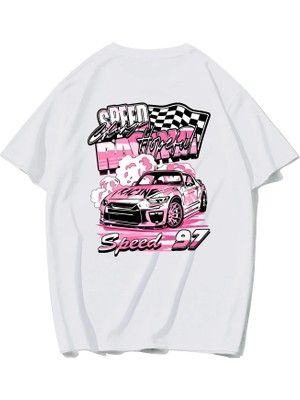 Brz Collection Unisex Oversize Racing Car Speed 97 T-Shirt (Beyaz)