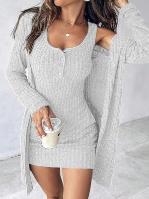 Stores36 Kadın Askılı Yuvarlak Yakalı Önü Düğmeli Şardonlu Kaşkorse Mini Elbise ve Kısa Ceket