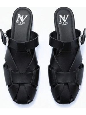 Ne&Ve Shoes Deri Tokalı Kadın Kare Burun Sabo Terlik