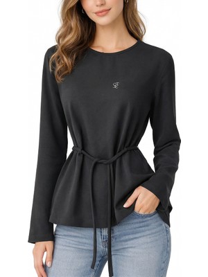 Societa Siyah Nakış Detaylı Kemerli Bol Kesim Bluz 19937