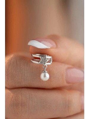 Nereze 925 Ayar Gümüş Rodyum Kaplama Inci Detaylı Yıldız Model Kıkırdak Küpe