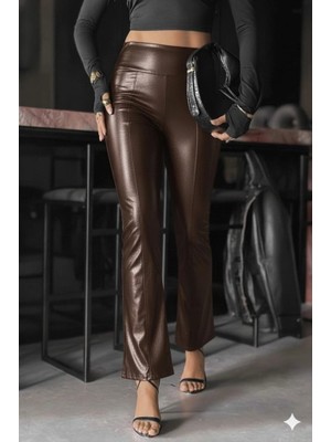Stores36 Kadın Yüksek Bel Paçaya Doğru Geniş Deri Pantolon