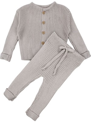 by BebekOdam Unisex Gri Düğmeli Hırkalı 2'li Lüks Triko Takım - 1016538