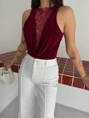Dantel Detaylı Derin Dekolte Body Şık Kolsuz Yazlık Bodysuit - Bordo