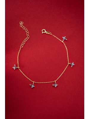 Nereze 925 Ayar Gümüş Gold Kaplama Aquamarin Taşlı Kelebek Şans Bileklik