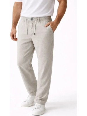 Stores36 Erkek Keten Cepli Pantolon Lastikli Bel Bağcıklı Önden Fermuarlı - Gri