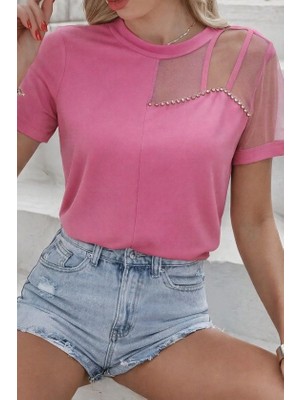 Stores36 Kadın Kısa Kollu Tül Detaylı Taşlı Janjan Krep Bluz