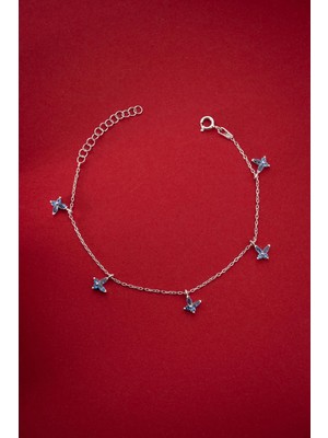 Nereze 925 Ayar Gümüş Rodyum Kaplama Aquamarin Taşlı Kelebek Şans Bileklik