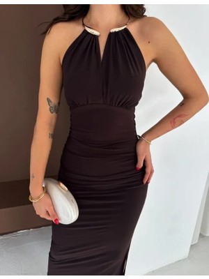 Stores36 Uzun Abiye Elbise Yırtmaçlı Sırt Dekolteli Şık Gece Elbisesi - Kahverengi