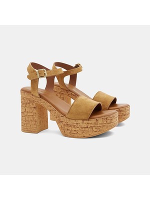 Desa Kadın Taba Tek Bantlı Platform Topuklu Süet Sandalet