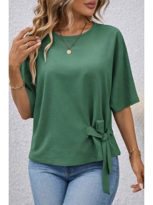 Stores36 Kadın Kısa Kollu Bisiklet Yaka Yandan Bağcıklı Aerobin Bluz