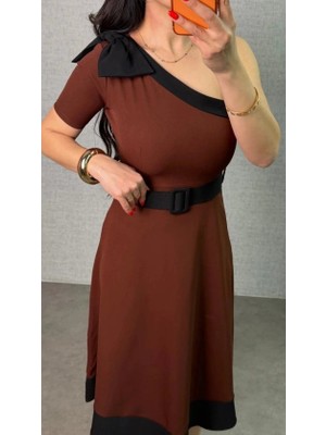 Stores36 Kadın Tek Omuz Fiyonk Detaylı Midi Boy Elbise