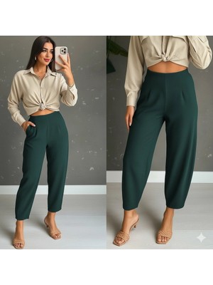 Stores36 Kadın Yüksek Bel Krep Pantolon