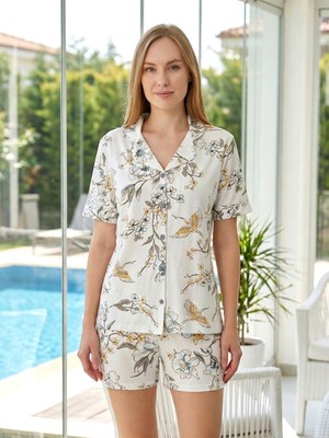 Remsa Kadın Desenli Kısa Kol Suprem Şortlu Pijama Takımı 0577 EKRU03