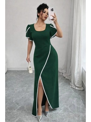 Stores36 Kadın Kısa Kollu Kare Yakalı Önden Çapraz Kesim Detaylı Krep Elbise