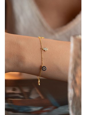 Nereze 925 Ayar Gümüş Gold Kaplama 5 Figürlü Şans Bileklik