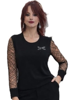 Boutique Bade Bisiklet Yaka Taş ve Tül Detaylı Uzun Kollu Bluz