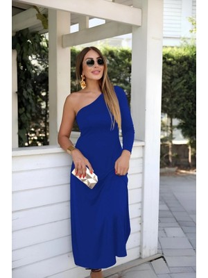 Stores36 Kadın Uzun Kollu Tek Omuz Detay Krep Elbise