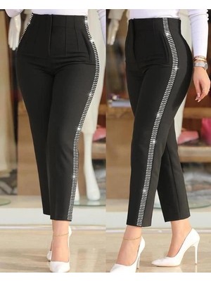 Stores36 Kadın Yüksek Bel Yanlardan Taş Detaylı Ithal Krep Pantolon